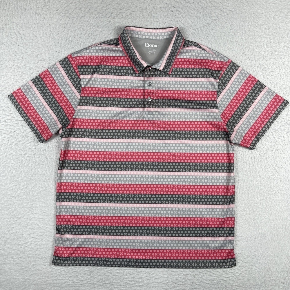 Etonic Polo Shirt Mens Large Red Striped Geometric Performance Golf Activewear